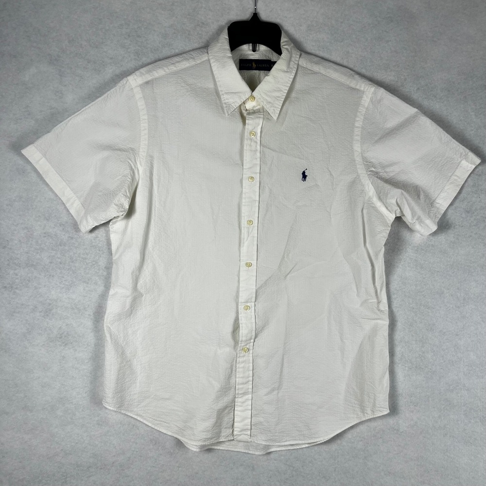 Ralph Lauren Mens XL Cream Color Seersucker Short Sleeve Button Down Shirt